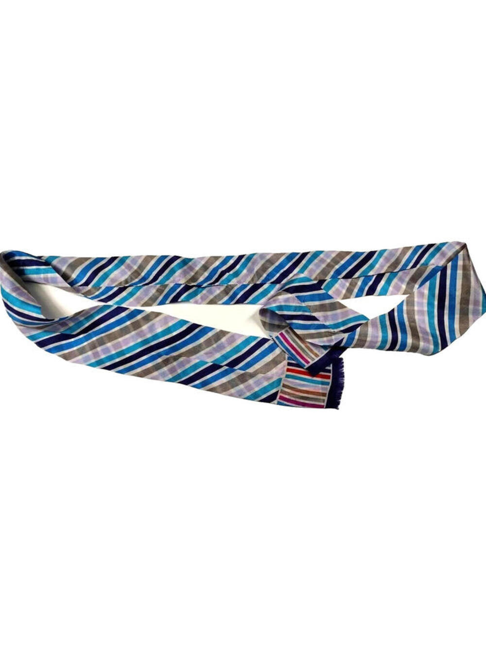 Vintage Rainbow Skinny Silk Scarf Striped Blue Lavender Stripes Bowtie Pussybow